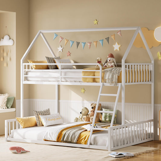 LIKIMIO Bunk Bed Twin Over Full Size, House Bunk Bed Frame with Ladder and Guardrail, House Shaped with Metal Slats Support No Box Spring Needed Space Saving for Bedroom and Dorm, White