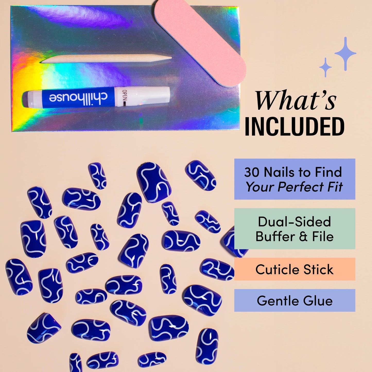 Chillhouse - Chill Tips, Press on Nails Kit - Wavy Baby 2.0 (Oval) - 30 Nail Shapes & Sizes - Up to 2 Weeks of Wear - Customizable Fit - Reusable - Latina Founded & Women Owned - Beauty & Self Care