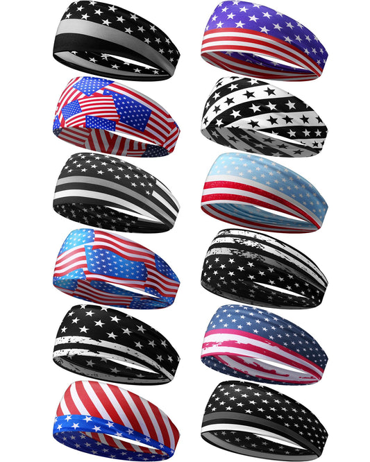 Lyrow 12 Pcs American Flag Headbands for Men Patriotic USA Running Headband Mens Sweatbands Stretchy Sweatbands for Women 4th of July Workout Running Yoga Sports