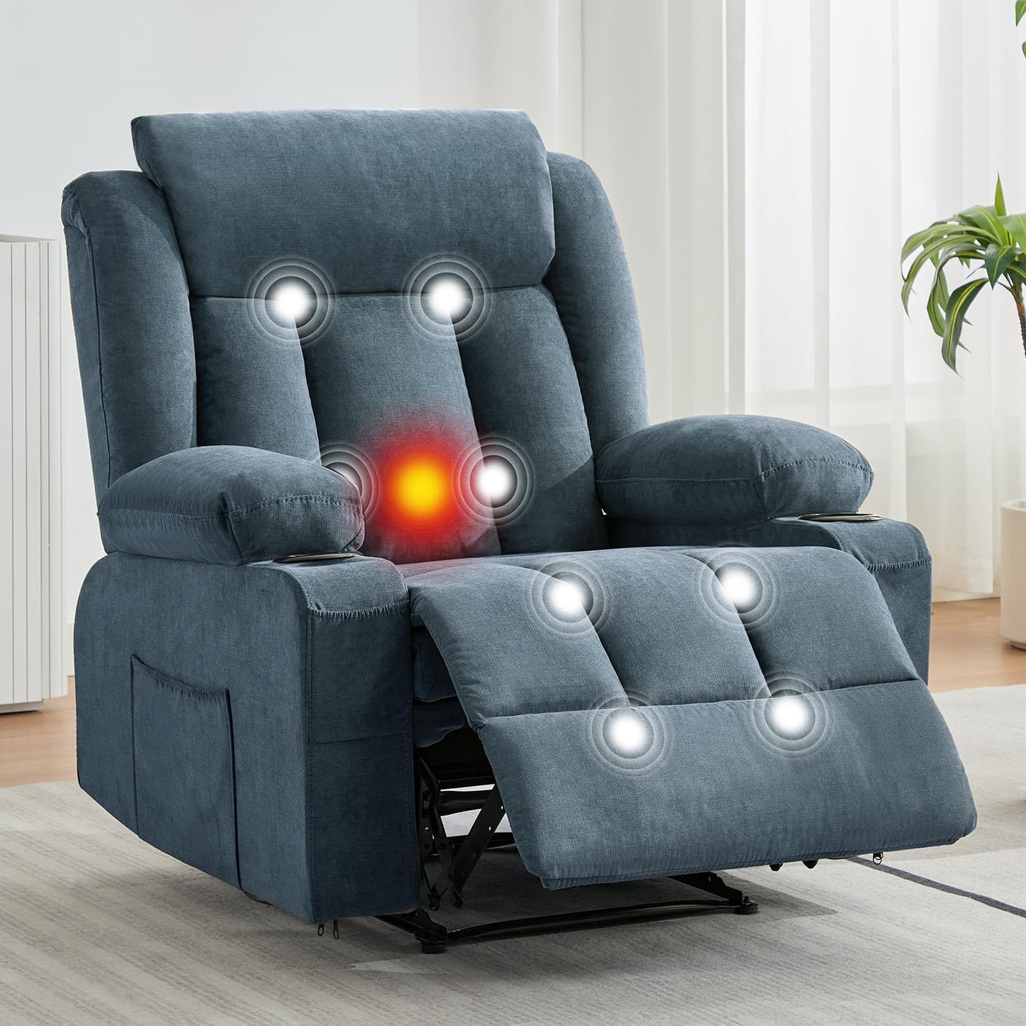 IDEALHOUSE Recliner Chair with Massage and Heat, 37.4" Oversized Recliner with Vibration Massage and Side Pocket, Reclining Chair for Living Room, Bedroom, Blue