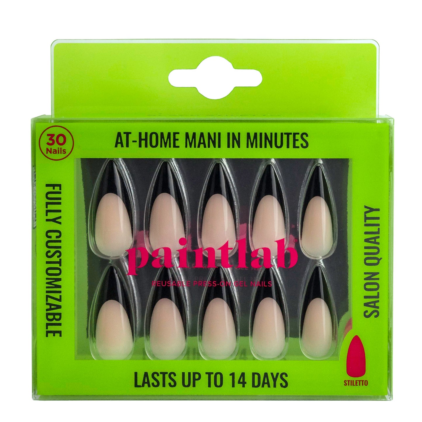 PaintLab Press-On Nails Manicure Kit, Black Stiletto, 30-Piece Set, Long-Lasting Fake Nails with Glue, File, Prep Pad & Cuticle Stick