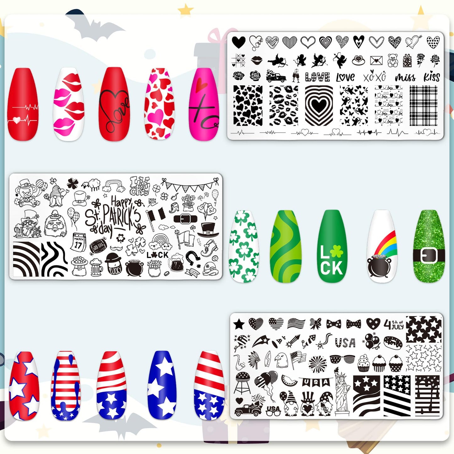 Whaline 6 Pcs All Holiday Nail Art Plates Christmas Valentines StampTemplates Set Winter Fall Nail Plates Stamping for Xmas DIY Print Manicure Salon Design Gift