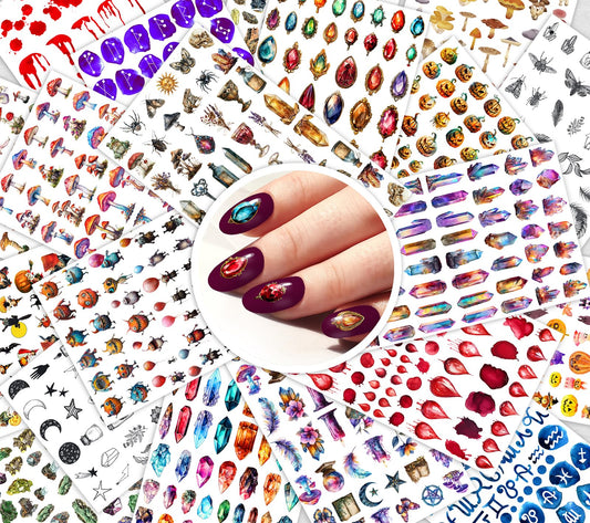 Mystic Crystal ~ 20 Sheets Nail Stickers ~ Gemstones Crystals Potions Mushrooms Insects and Fantasy Elements Creating Bold Magical Manicure Styles and Unique Mystical Nail Art Designs