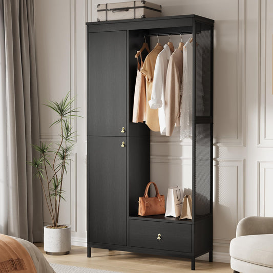 GAOMON Modern Armoire Wardrobe Closet, Wood and Metal Frame Clothes Storage Organizer with Double Closed Doors, Open Hanging Rod, Bottom Drawer, Freestanding Bedroom Furniture for Small Spaces, Black