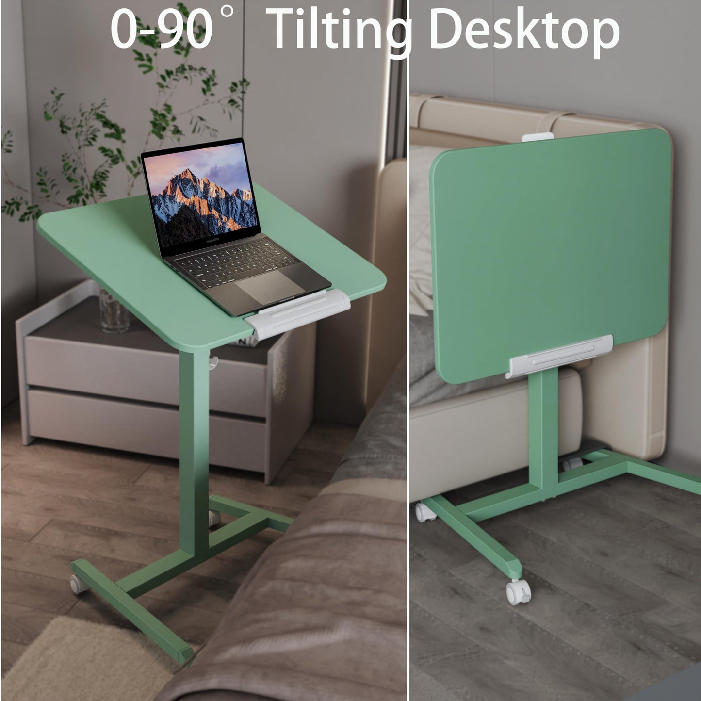 ETHU Mobile Standing Desk, Rolling Podium Stand with Magnetic Hook, 90° Tilting Tabletop, Height Adjustable Sit Stand Desk for Home, Office and Classroom, Green