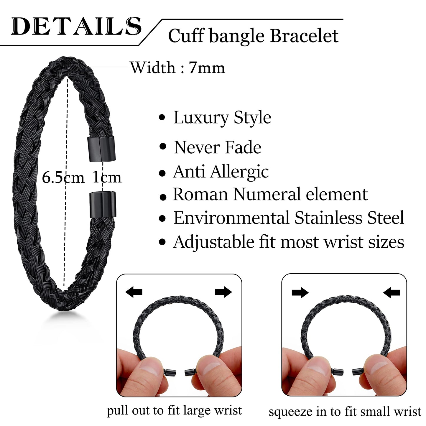 WFYOU 3PCS Stainless Steel Bracelets for Men Gold Roman Numeral Bangle Bracelet Twisted Cable Bracelet Adjustable Cuff Bracelet Mens Luxury Jewelry Bracelets Gifts(M:Black)