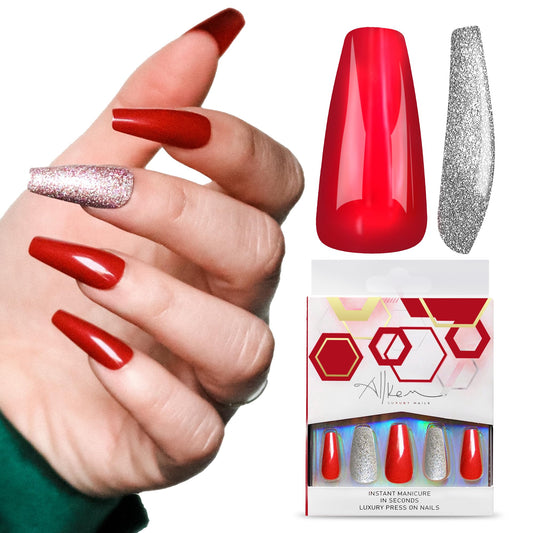Allkem Press On Nails |Daring Red Medium Long Tapered Ballerina 10 sizes - 20 pcs Coffin Nail Kit with Glue