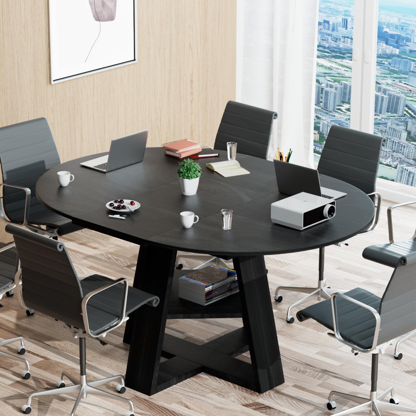 43.3in-59in Extendable Round Conference Table for 4-6 People,Wooden Oval Meeting Room Table with Removable Leaves,Space Saving,Office Table with Storage Shelf for for Office Conference Room
