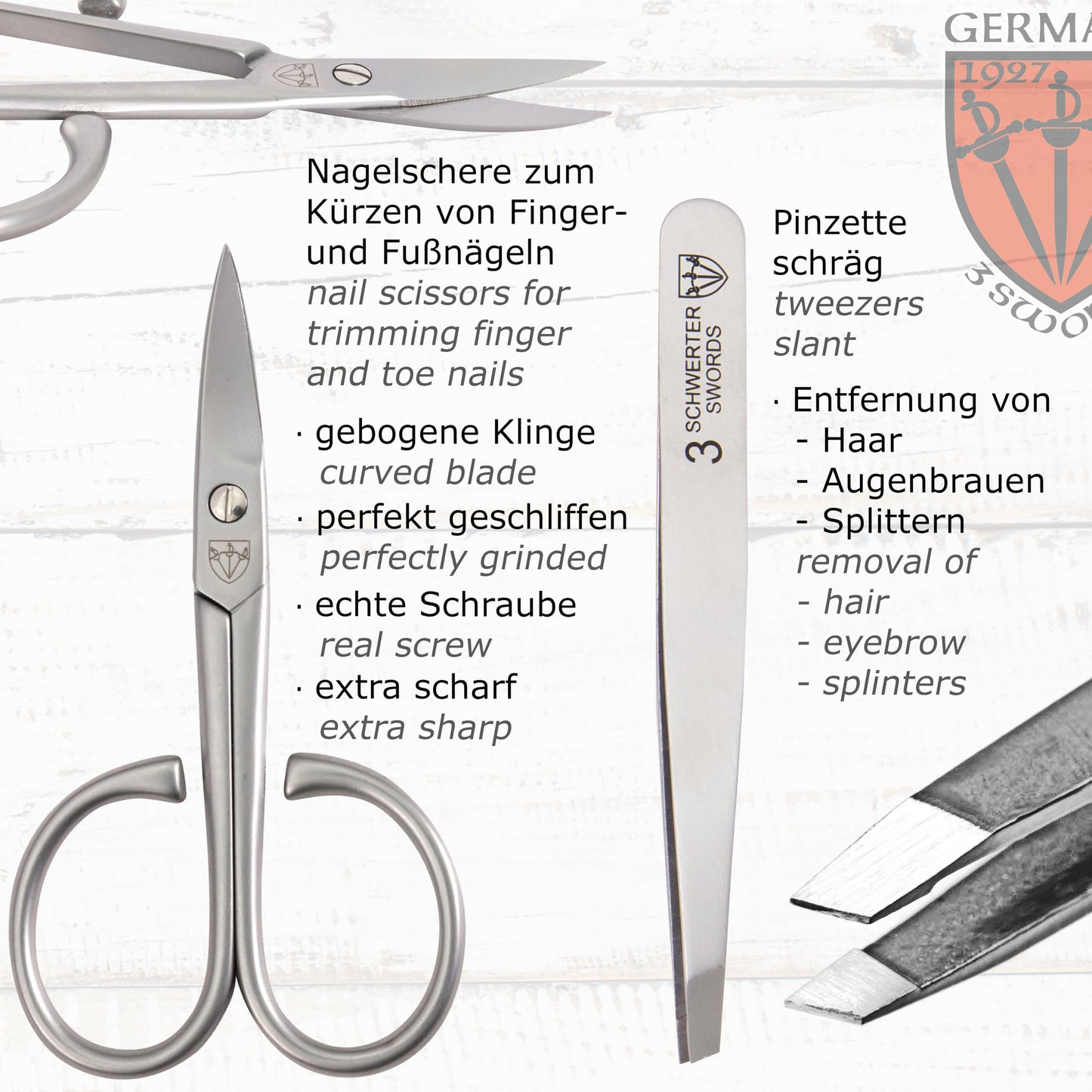 3 Swords Germany - brand quality 3 piece stainless steel INOX manicure pedicure grooming kit set for professional finger & toe nail care scissors file tweezers genuine leather case in gift box (03874)
