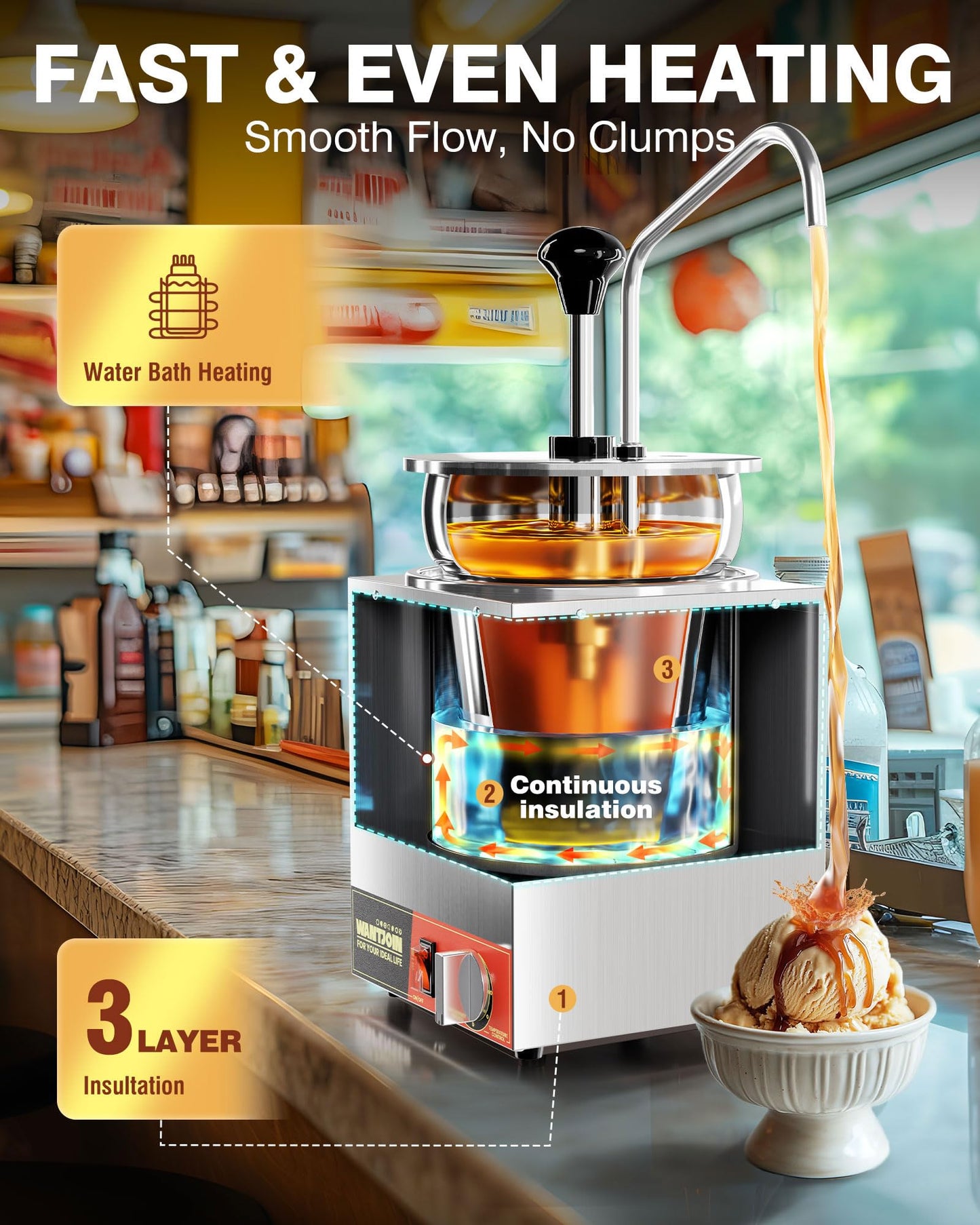 WantJoin Nacho Cheese Dispenser with Pump - 4.6QT Commercial Stainless Steel Warmer with 86-185°F Temperature Control for Hot Fudge, Caramel & Sauces