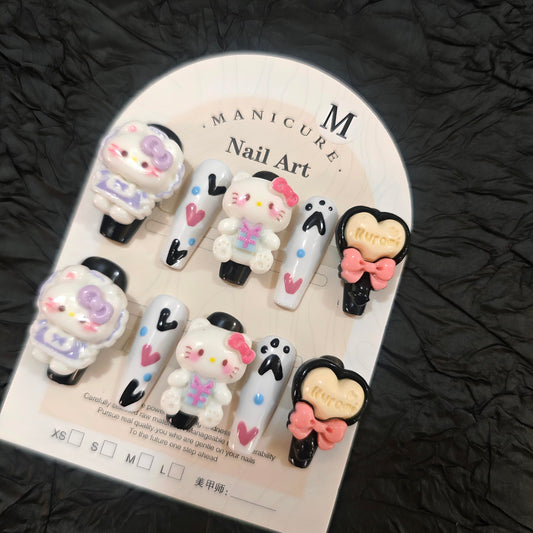 10Pcs(1Pack) Handmade Press On Nails Long Square Nails 30mm Sweet Whisper Nails Black White Pink 3D Heart Bow Glossy Gothic Cute Design for Women Party Holiday Daily Wear Size L
