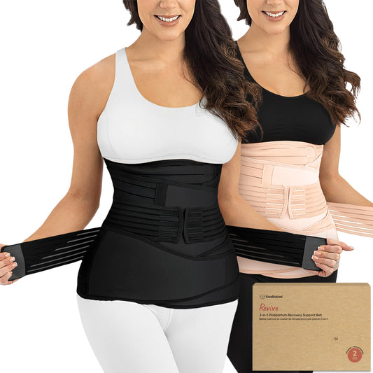 KeaBabies 3 in 1 Postpartum Belly Support Recovery Wrap – 2-Pack Postpartum Belly Band, After Birth Brace, Slimming Girdles, Waist Shapewear, Post Surgery Pregnancy Support Band (Black/Ivory, M/L)
