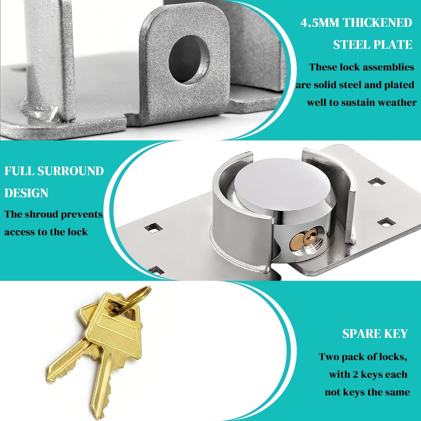 OIHYA 2 Pack Van Door Lock, 73MM Heavy Duty Solid Steel Hidden Shackle Padlock and Hasp Set Keyed Different, with 4pcs Keys and 80mm Screws for Vans, Trucks, Gates, Trailer
