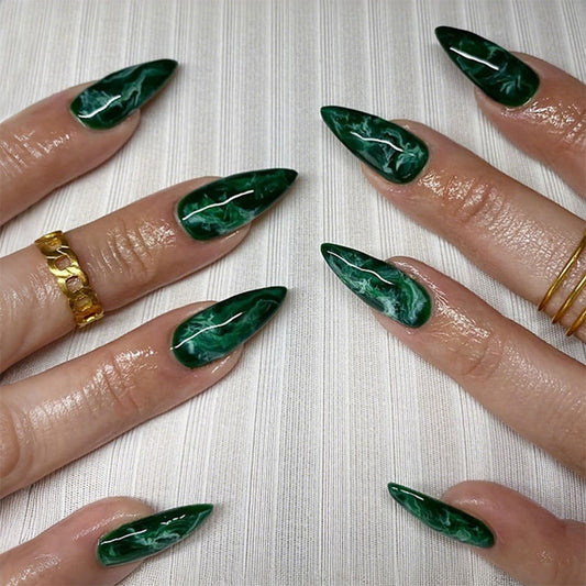 IMRAIN Press on Nails Medium Almond Fake Nails Green Ombre Marble False Nails Full Cover Glossy Artificial Reusable Acrylic Stick on Nails for Women Manicure Kit
