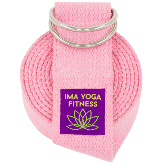 Ima Yoga Fitness - Adaptive Yoga Strap, Yoga Stretching Strap, Extra-Wide 2 Inches, 100% Naturally Soft Cotton, Steel D-Rings, Includes 100% Natural Cotton Storage Pouch (Pink, 8 feet)