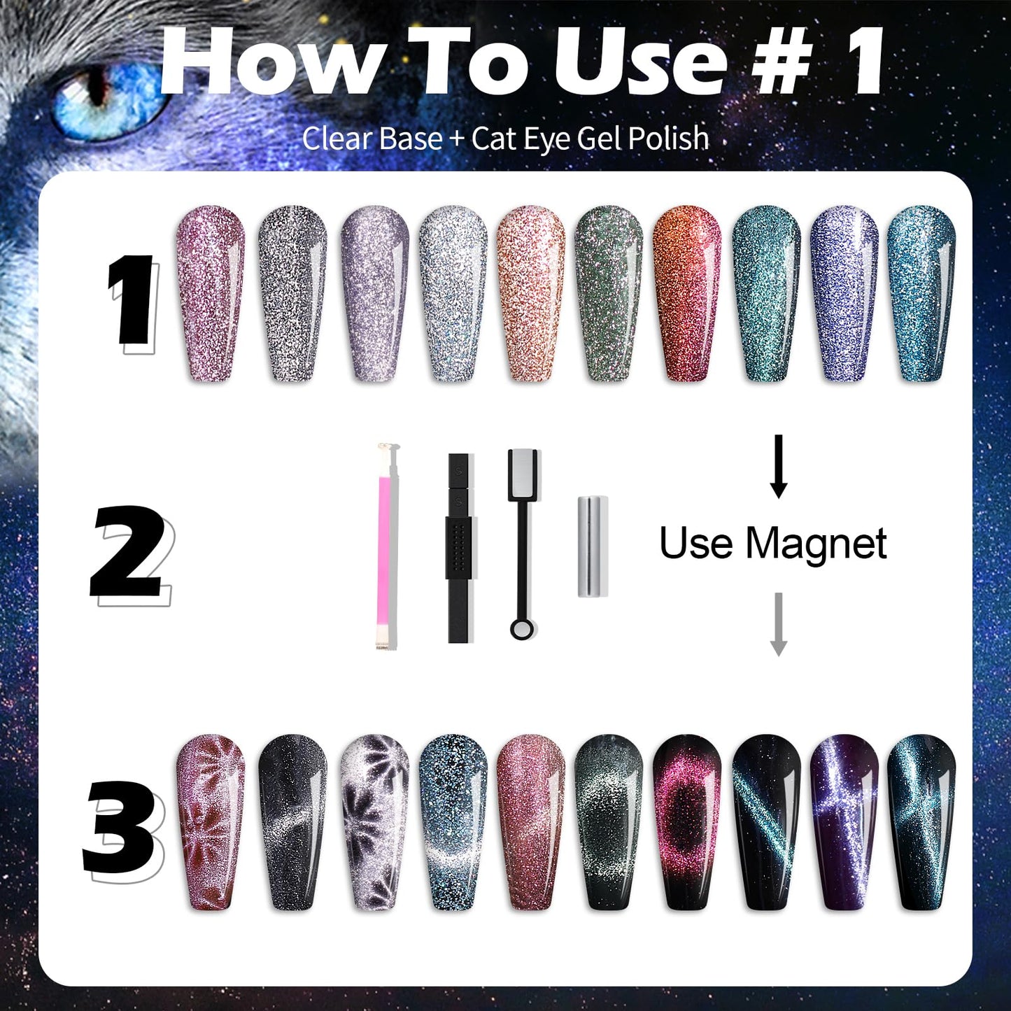 Clara Colors Magnetic Nail Polish - 20 Colors Cat Eye Gel Polish Kit Holographic Glitter Cat Eye Nail Polish with 4 Magnet, Black White Base Top Coat Gel Soak Off LED Manicure Salon DIY Art Gifts