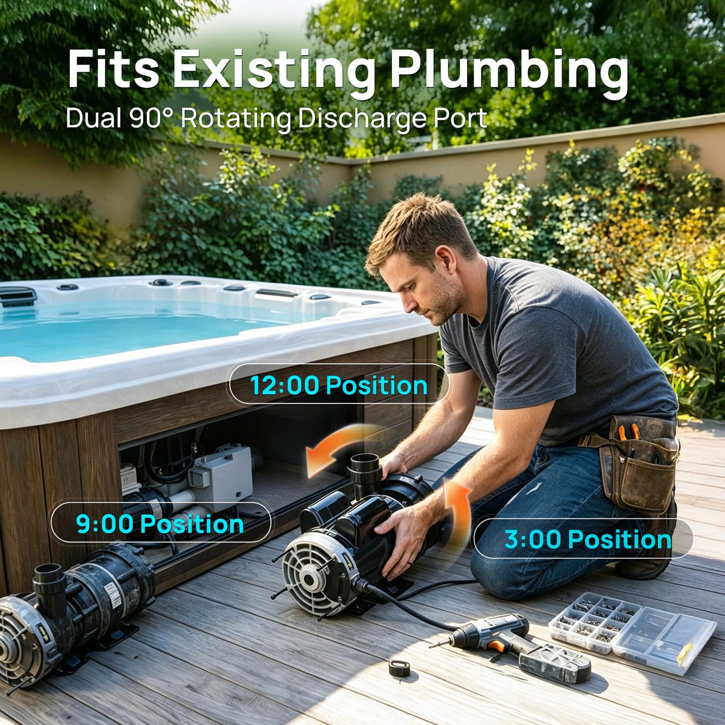 Aquastrong SPA Pump, Dual Speed Hot Tub Pump, Pure Copper Motor, Low Noise, Easy Installation with 1.5" & 2" Adapters, 90° Rotating Inlet & Outlet, Compatible with Hot Tubs & Spa Systems, Grey