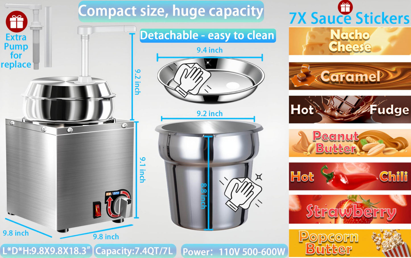 Nacho Cheese Dispenser, 7.4Qt Nacho Cheese Warmer with Pump, Stainless Steel Hot Fudge Warmer W/6-Level Temperature Adjustment, Commercial Sauce Dispenser for Butter Cheese Caramel
