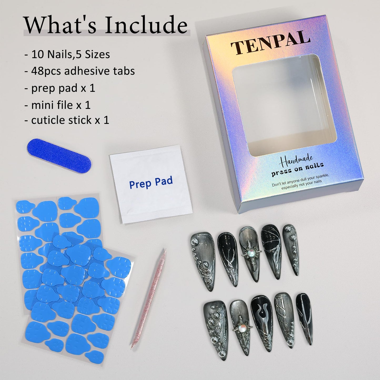 TENPAL Cat Eye Black & Mirror Powder Gradient Obsidian Press on Nails Long Stiletto,Hand-Painted Butterfly & Meteor Designs Fake Nails with Tools,3D Crystal Gothic Punk Nail Kit with Tools 10pcs(S)