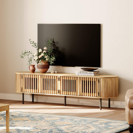 WAMPAT Fluted TV Stand,Wood Media Console for TVs up to 75”,Curved Round Edge Entertainment Center with Pop-Up Doors and Storage for Living Room Bedroom,Natural Oak