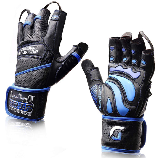 Elite Leather Gym Gloves with Built in 2" Wide Wrist Wraps Grip & Design for Weightlifting Power Lifting Bodybuilding & Strength Training Workout Exercises (Blue, X-Small)