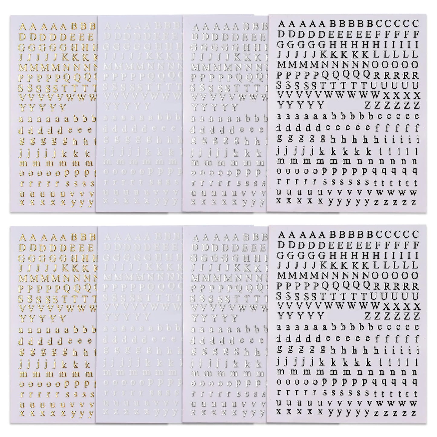 ROFIBUT Letters Nail Art Stickers English Alphabet Nail Decals 3D Self-Adhesive Metallic Gold Silver Nail Sticker Black Alphabet Nail Art Supplies for Women Girls DIY Nail Decoration Manicure 8 Sheets