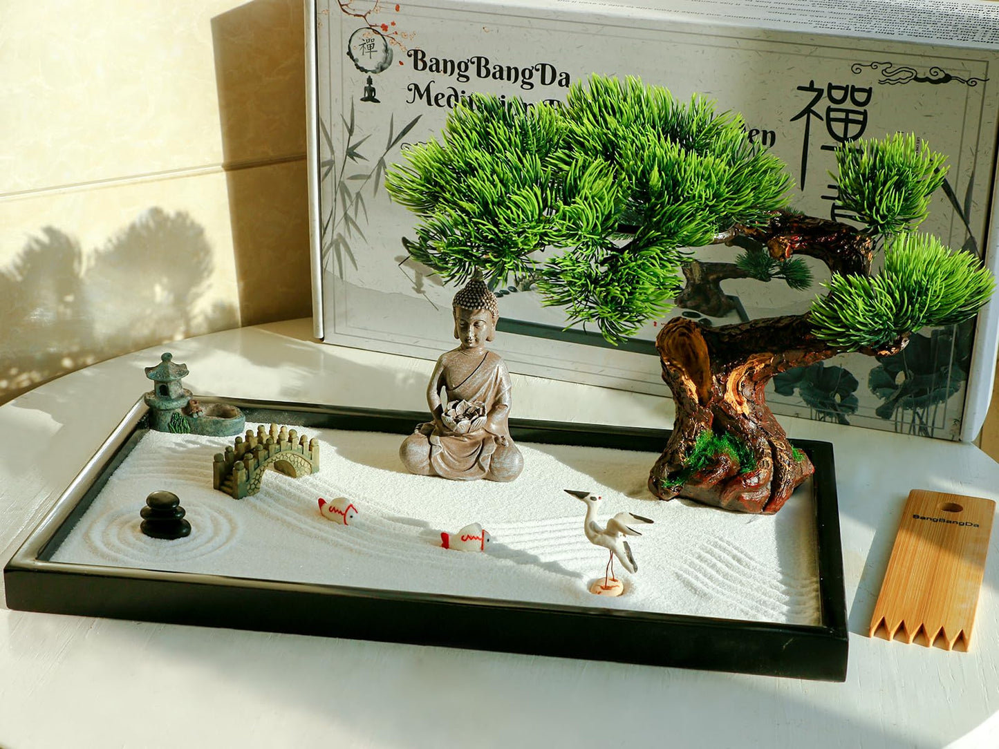 BangBangDa Japanese Zen Garden Kit for Desk - Meditation Rock Sand Garden for Birthday Gift Office Home Desktop Relaxation Decor Bamboo Rakes Bonsai Tree Pagoda Accessories Tools Kits
