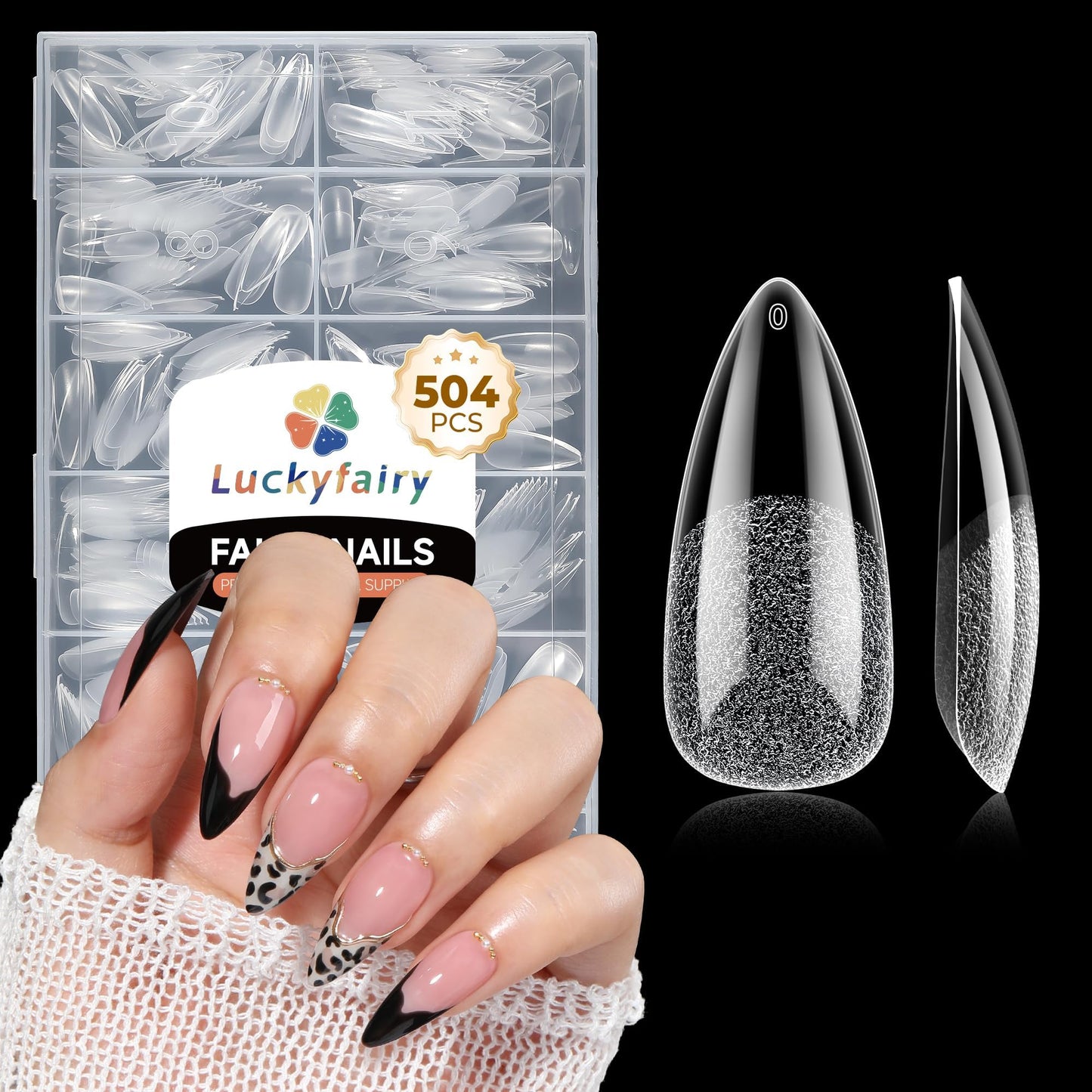 Medium Stiletto Nail Tips: 504pcs Full Cover Soft Gel Nail Tips, 12 Sizes Pre-Etched Half Matte Clear Stiletto Press on Nails No C Curve For Nail Extensions Home Salon