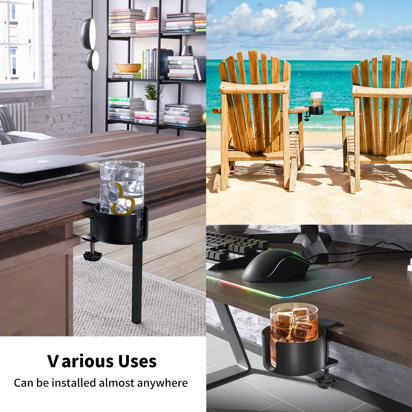Desk Cup Holder, OOKUU Anti-Spill Cup Holder for Desk or Table, Sturdy and Durable Desk Accessories, Easy to Install, Enough to Hold Coffee Mups, Water Bottles, Gaming PC Office Accessories, Black
