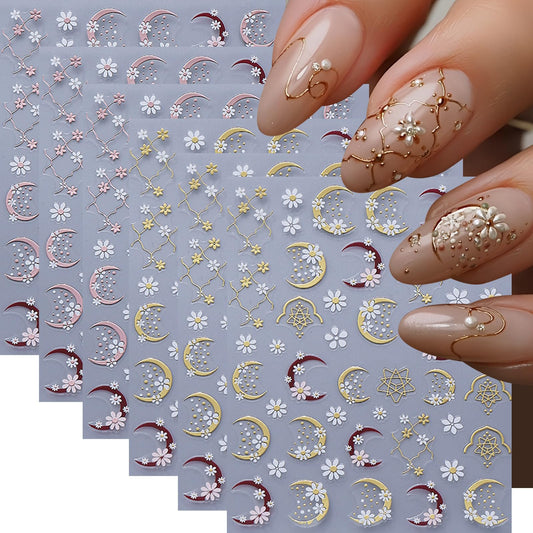 6 Sheets Daisy Moon Nail Art Stickers Flower Nail Stickers White Flower Nail Decals Cute Daisy Nails Supplies Gold Rose Gold Moon Daises Nail Design for Spring Summer DIY Nail Decorations Accessories