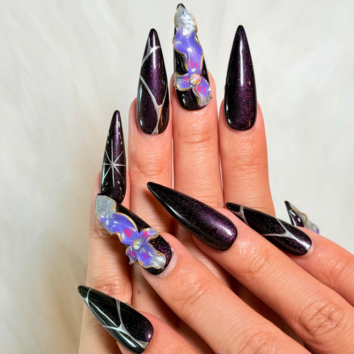 Avilux Press On Nails – Handmade, Reusable, 3D Designer Nail Art, 10Pcs Fake Nails for Women and Girls, Perfect for Holidays, Parties & Gifts (Mystic Orchid Glitter, Medium)