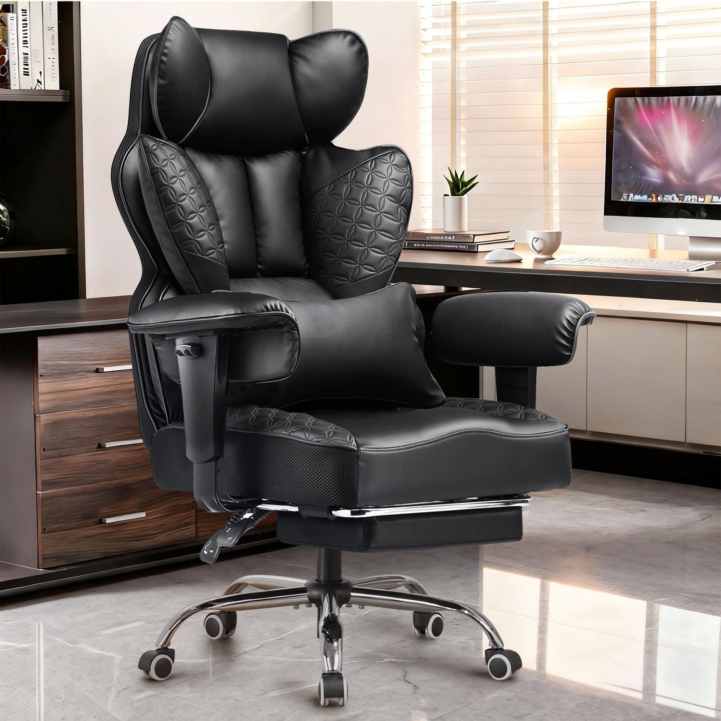 COMHOMA Big and Tall Office Chair Heavy Duty Gaming Chair with Deluxe Embossing Leather High Back Wider Ergonomic Computer Chair with Foot Rest 150°Reclining Pocket Spring Lumbar Support