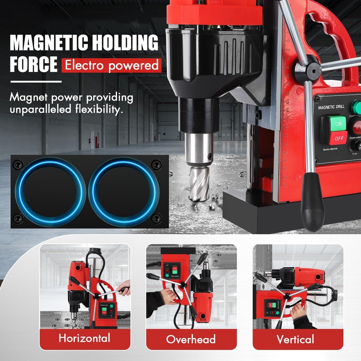 COZONY Mag Drill Press, 1100W 550RPM Portable Magnetic Drill Press, Magnetic Core Electric Drilling Machine for Metal Working,14Pcs Annular Cutters Drilling Bits，Red