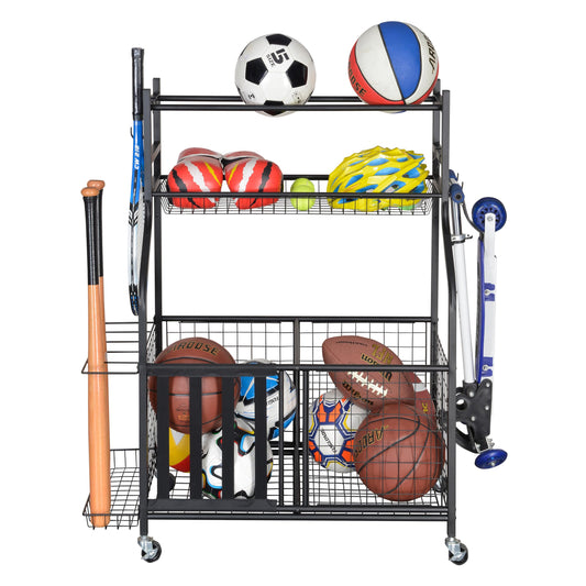 Snail Garage Storage System Sports Equipment Organizer with Baskets and Hooks, Sports Gear and Ball Storage Rack with Wheels for Garages, Playgroup, Gym and Schools, Powder Coated Steel, Black