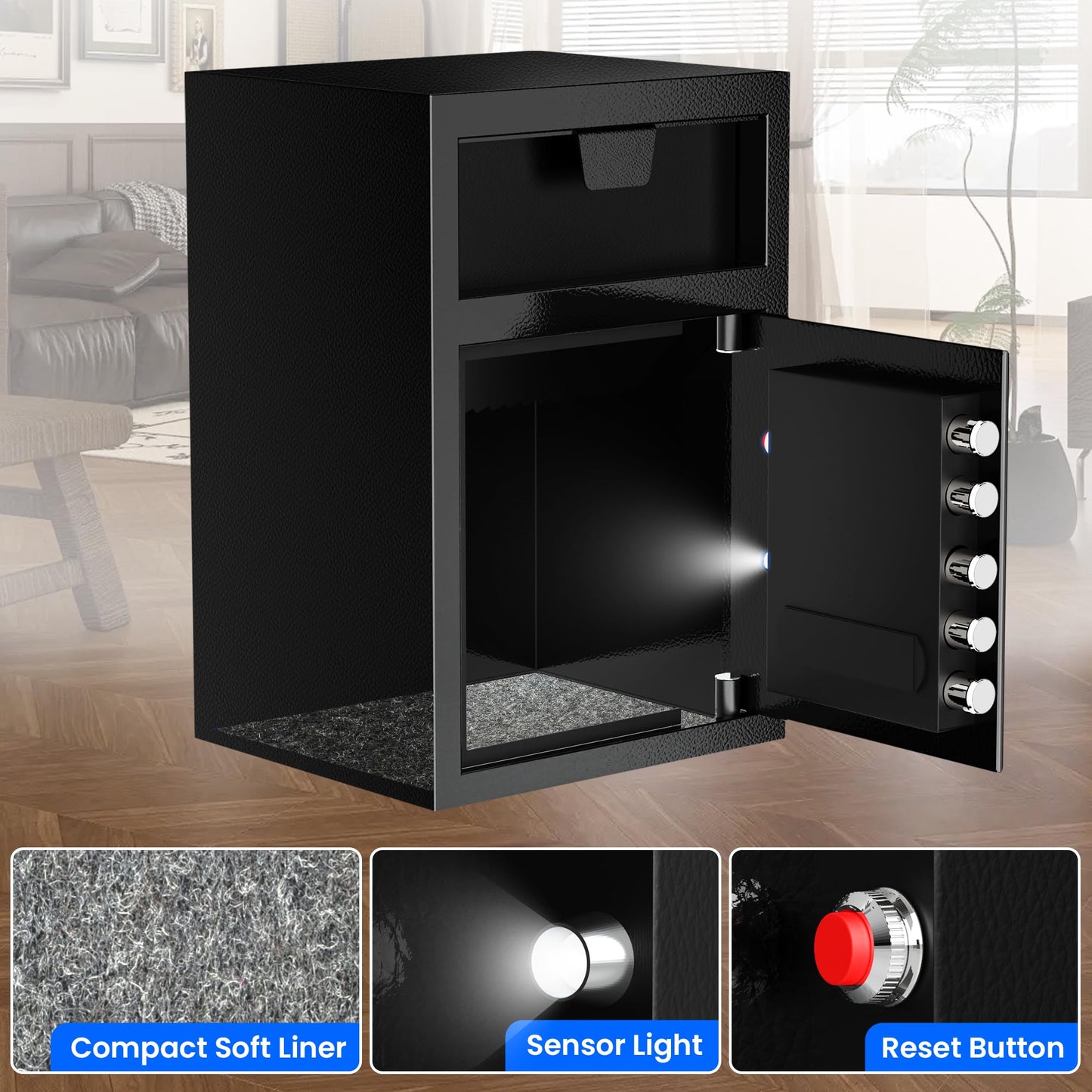 TOTOY 5.0 Cu Ft Fireproof Biometric Deposit Drop Safe- Steel Drop Slot Lock Box, Fingerprint & Digital Keypad Key Lock, External Type-C Backup, Business Safety Box for Cash Money Security