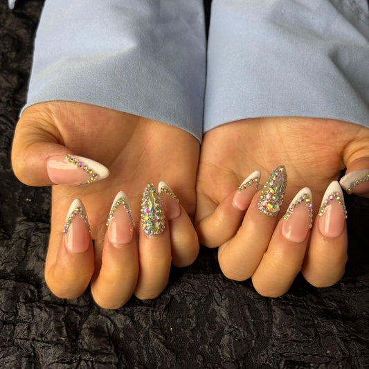 AKA Unicron French Tip Press On Nails Short Almond Handmade Acrylic Fake Nails Press Ons with Shining Rhinestones Charm Design,Nail Charm Nature Lasting Stick On Woman Fingernails
