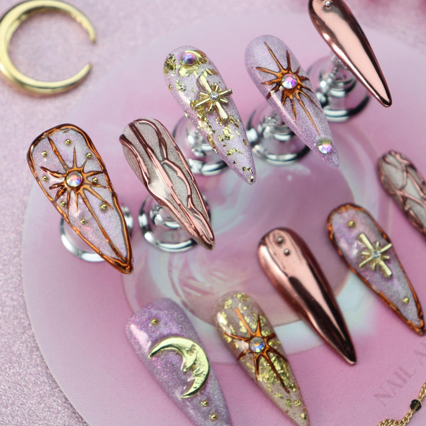 Star Moon Press on Nails Long Stiletto Fake Nails Pure Handcrafted Nail Mirror Effect Glue on Nails Glitter False Nail with Design Rhinestone Stick on Nail for Women Girls Luxury Manicure (S)