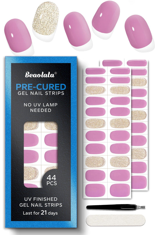 Beaolata Real Gel Nail Strips (No UV Light Needed) - 44Pcs Salon Quality Nail Stickers - Long Lasting Polish Wraps for Women, Easy Apply & Remove (Peach Pink)