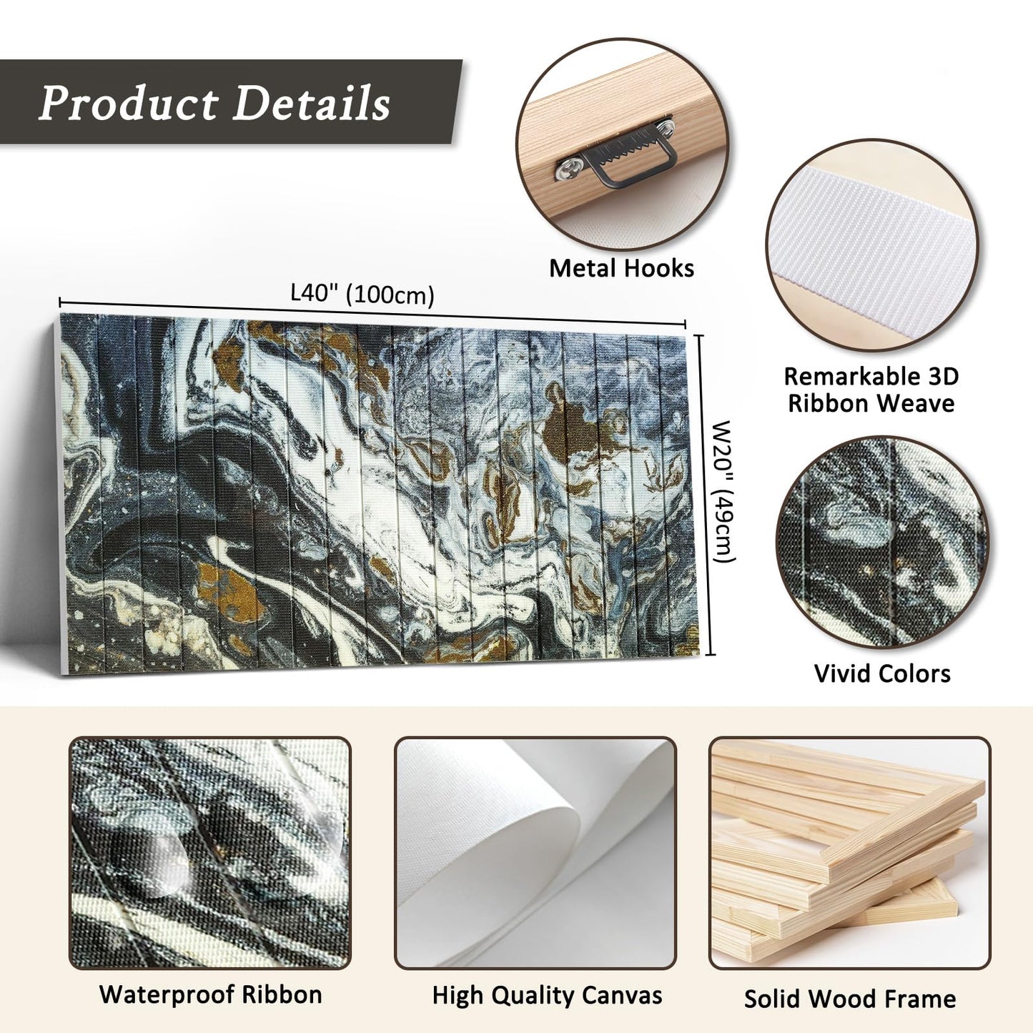 llribbons Framed Abstract Canvas Ribbon Wall Art Black White Gold Pictures Living Room Wall Decor Modern Painting Handmade 3D Woven Textured Prints Artwork for Bedroom Home Office Decoration 20" x 40"