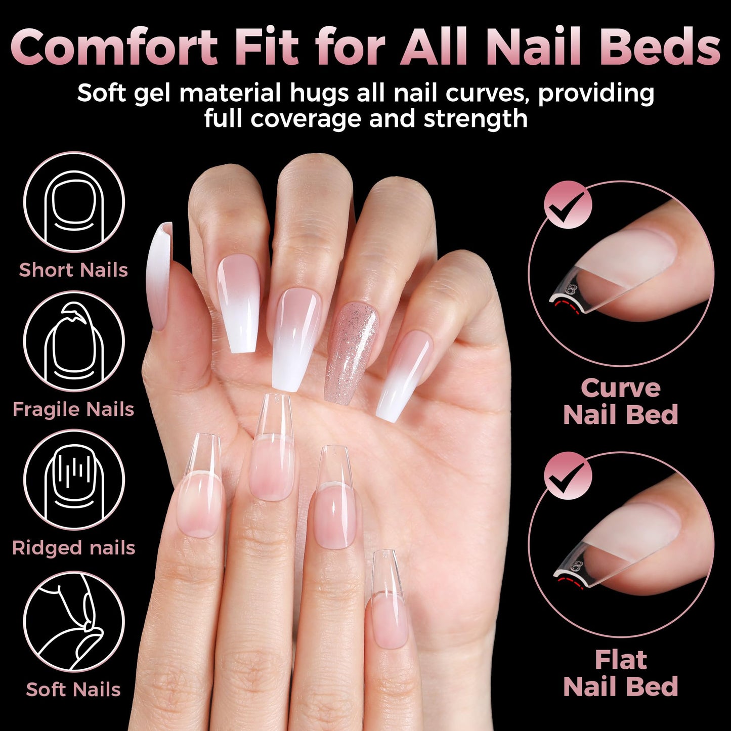 Luckyfairy Medium Gel Coffin Nail Tips, 240pcs Soft Gel Pre-Shaped Acrylic Fake Nails, Half Matte Full Cover Clear Press on Flase Nail Tips for Extension Nail Manicure Home DIY 12 Sizes Gelly Tips