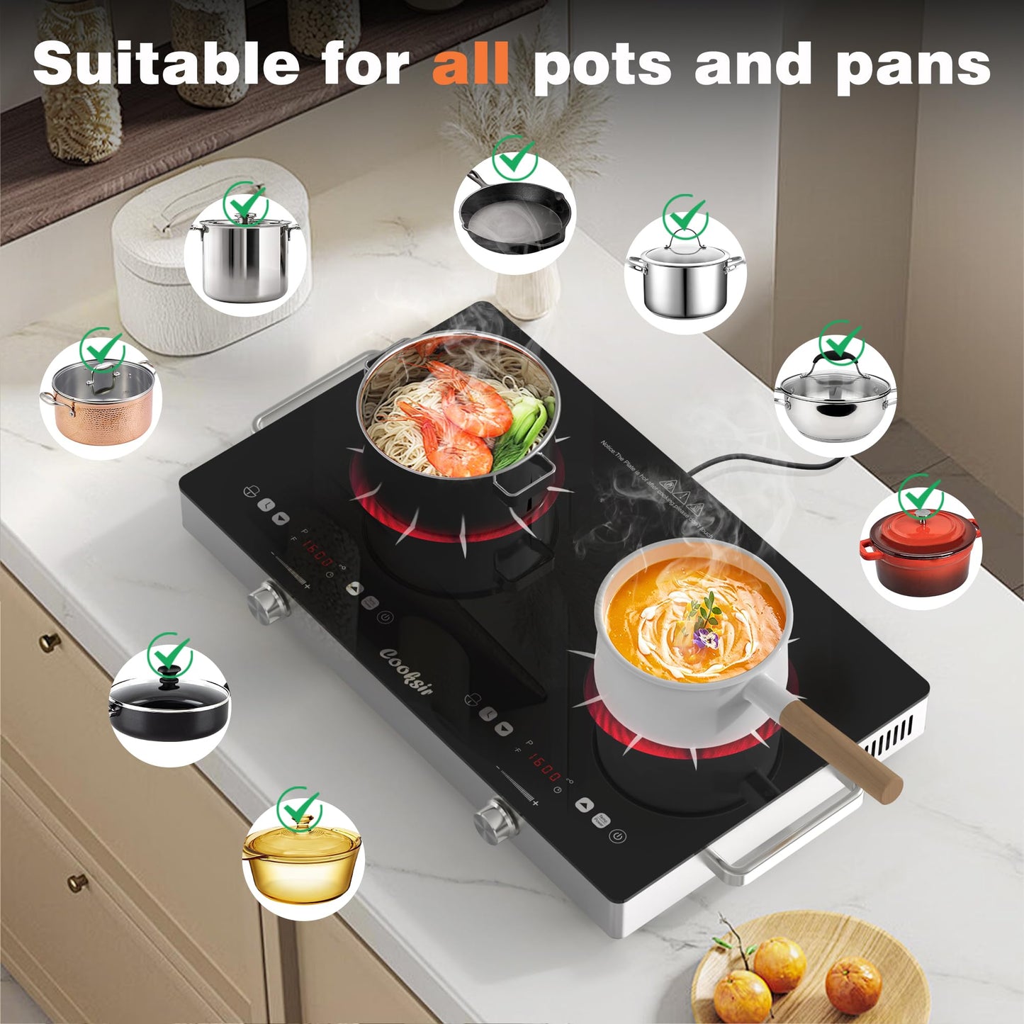 Cooksir 2 Burner Electric Cooktop - 24 Inch(22.2"x 13.1") Portable Electric Stove Top 110V, 2000W Countertop Two Burner Stove, Child Lock, Timer, Touch and Knob Control, 110V Plug in