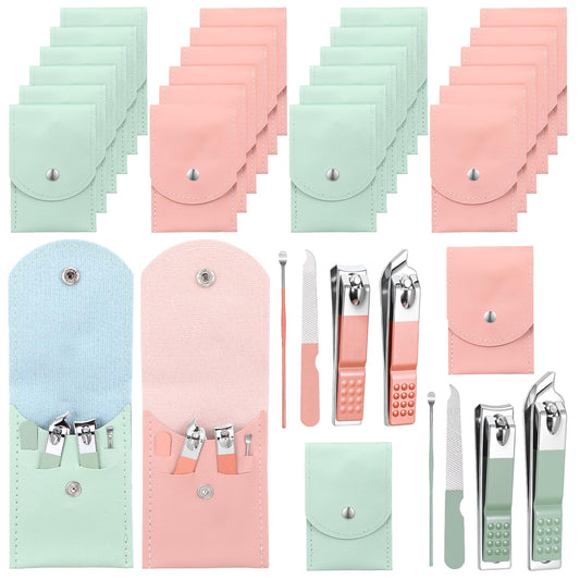 Lemecima 24 Sets Travel Manicure Kit, 4-in-1 Nail Clippers Bulk with PU Leather Case - 12 Pink & 12 Green Individually Wrapped Portable Nail Care Sets for Personal & Professional Use