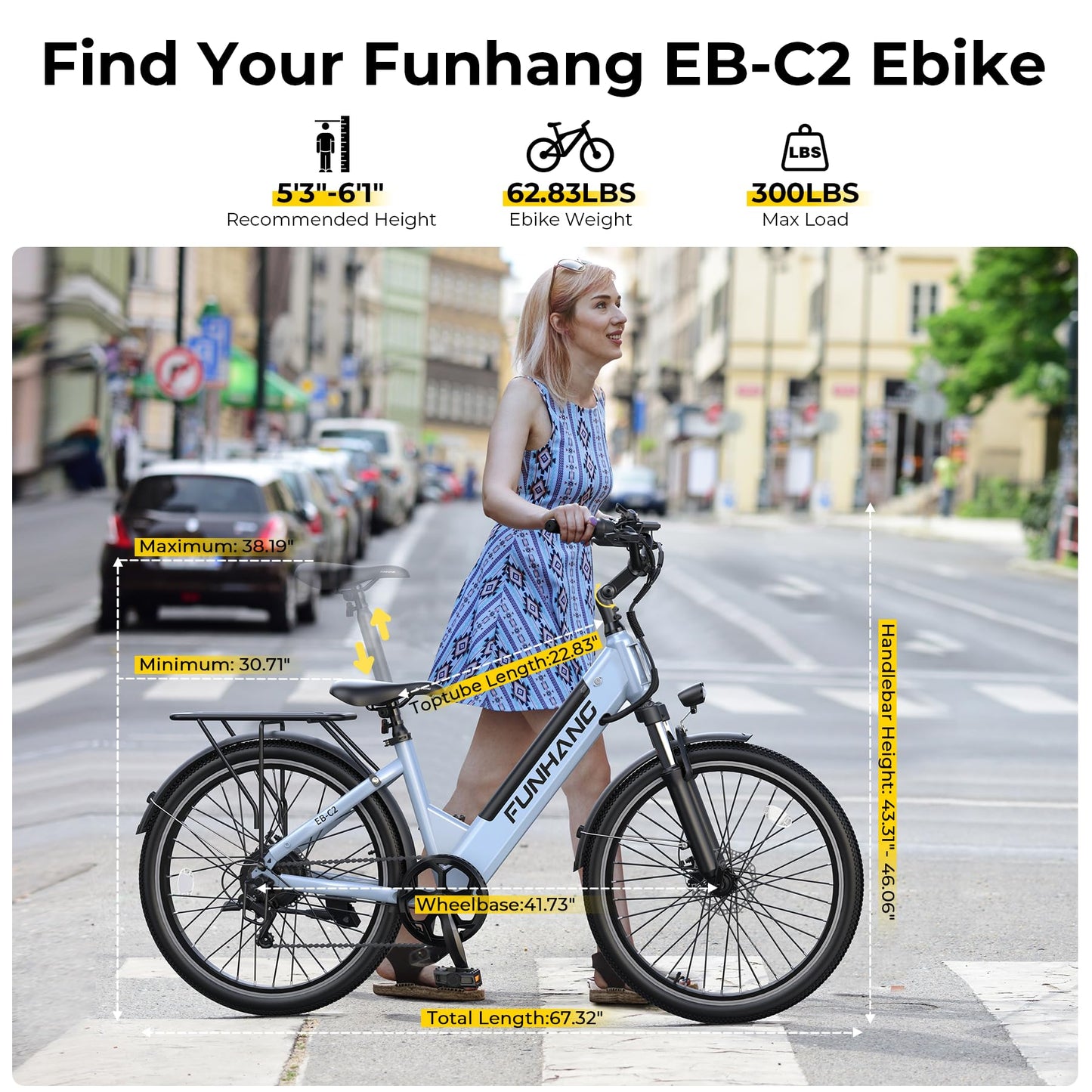 Funhang Electric Bike for Adults, 1000W Peak Ebike, 50Miles 21.7MPH Step Thru Electric Bicycle, 26" Commuter E Bikes with 48V Built-in Removable Battery, Adjustable Stem, 7-Speed, UL 2849 Certified