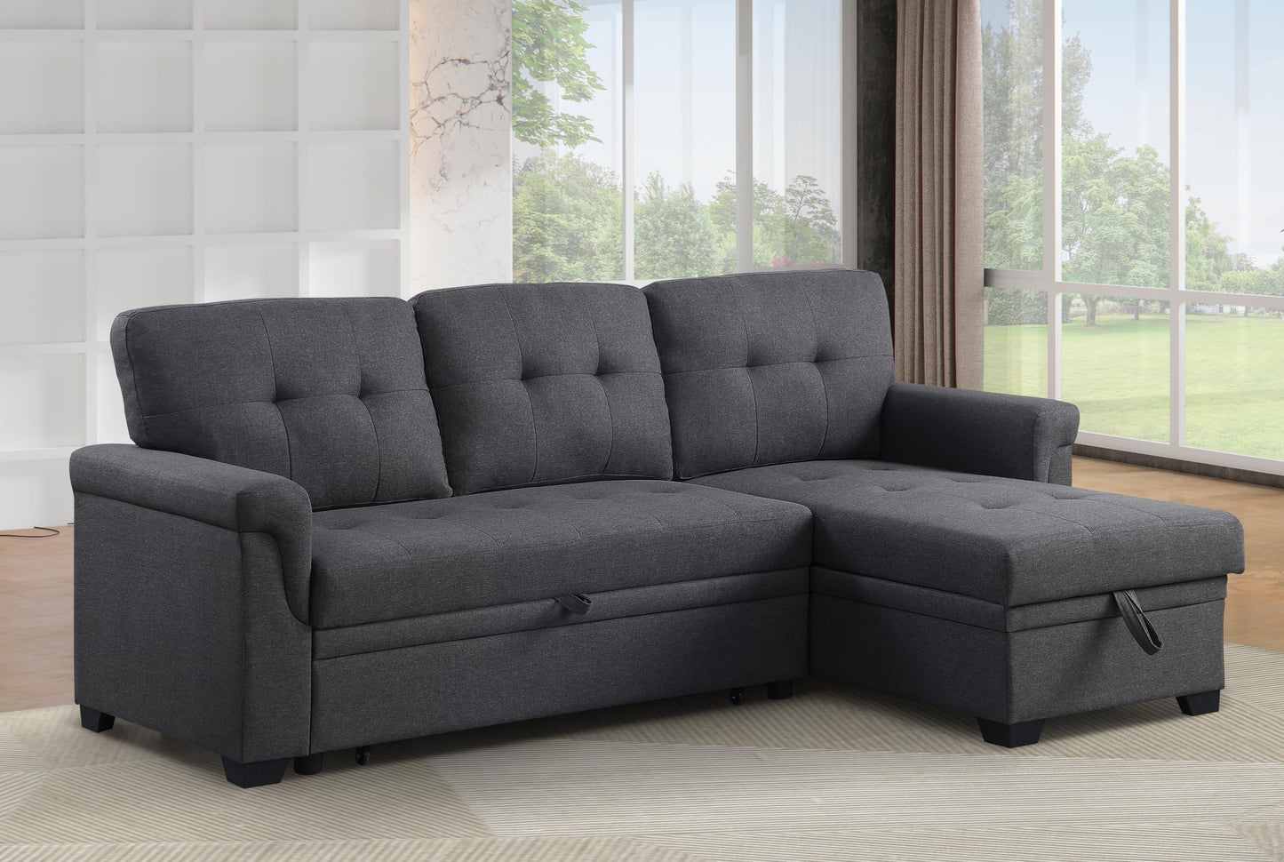 ERYE 83-inch Pull Out Sleeper Couch Bed, L-Shaped Reversible Sleeper Sectional Sofa Linen Blend Tufted Upholstered Corner Convertible Sofa Bed with Storage Chaise
