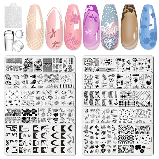 Biutee Nail Art Stamping Plates Set 10PCS French Line Stamp Templates, Nail Stamping Kit with Silicone Nail Stamper for DIY Print Manicure Salon Design Gift In Home