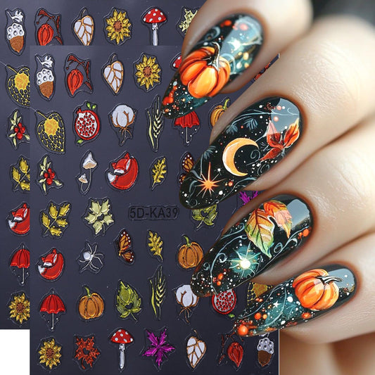 2Sheet Thanksgiving Nail Art Stickers 5D Embossed Autumn Maple Leaves Pumpkin Designs Nail Decals Self-Adhesive Fall Fruit Fox Nail Sticker Butterfly Mushroom Nail Decal for Women Nails Decor Supplies