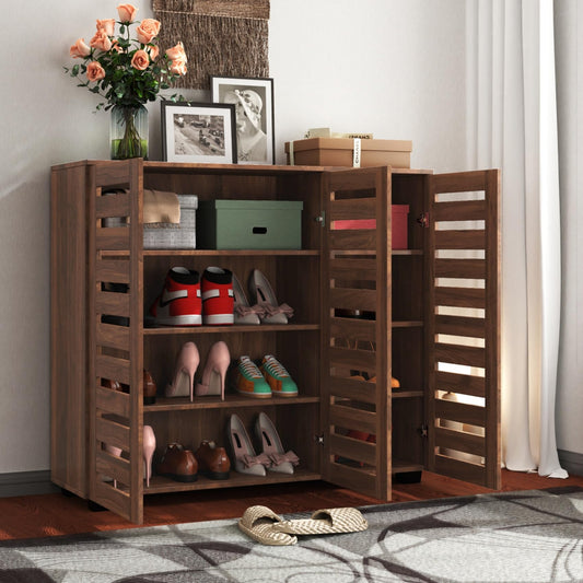 KEIKI 44.88'' Wooden Shoe Cabinet Storage for Entryway with 3 Louvered Door, Freestanding Sideboard Buffet Table Organizer for Hallway, Living Room, Adjustable 4-Tier Shelves, Walnut