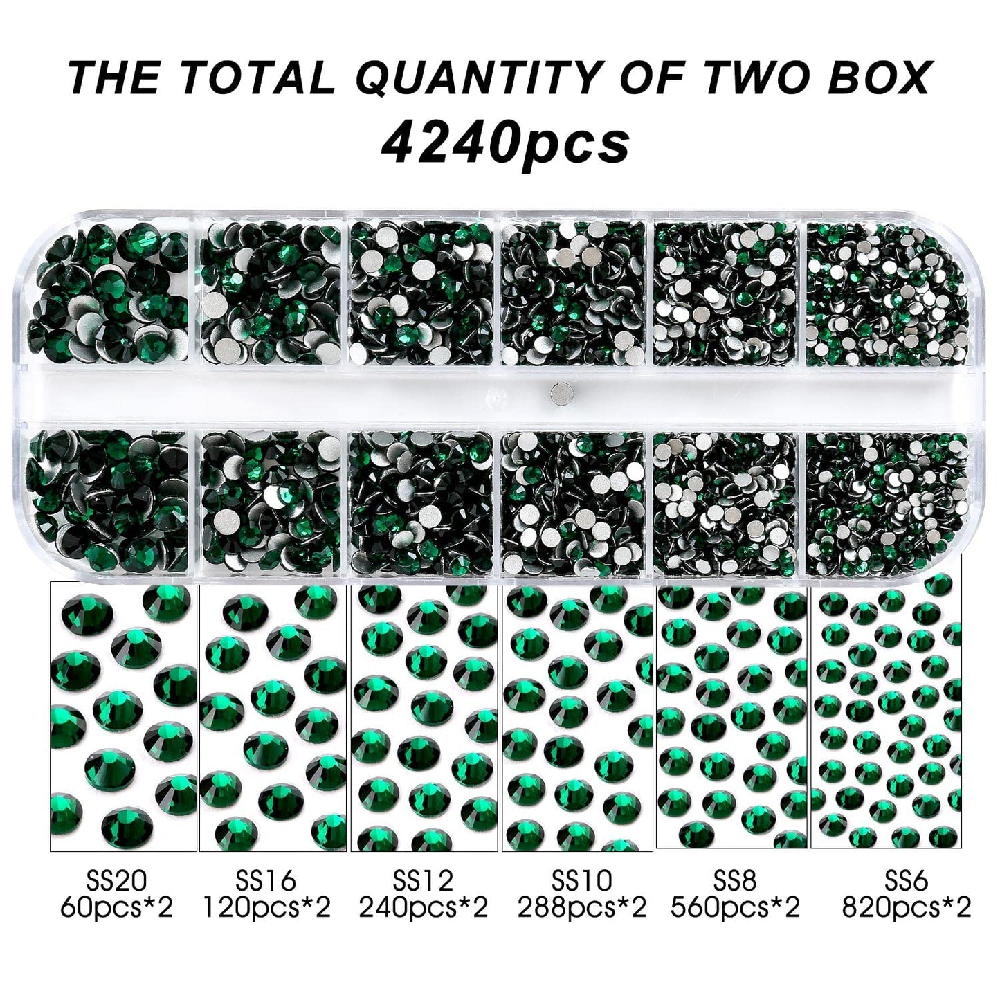 Meibite Green Glass Flatback Rhinestones for Nails, Crafts & Clothes – 4240PCS 6 Sizes (SS6–SS20) Crystal Gems Kit with Tweezers & Picker, Non Hotfix DIY Rhinestones for Tumblers, Shoes, Nail Art