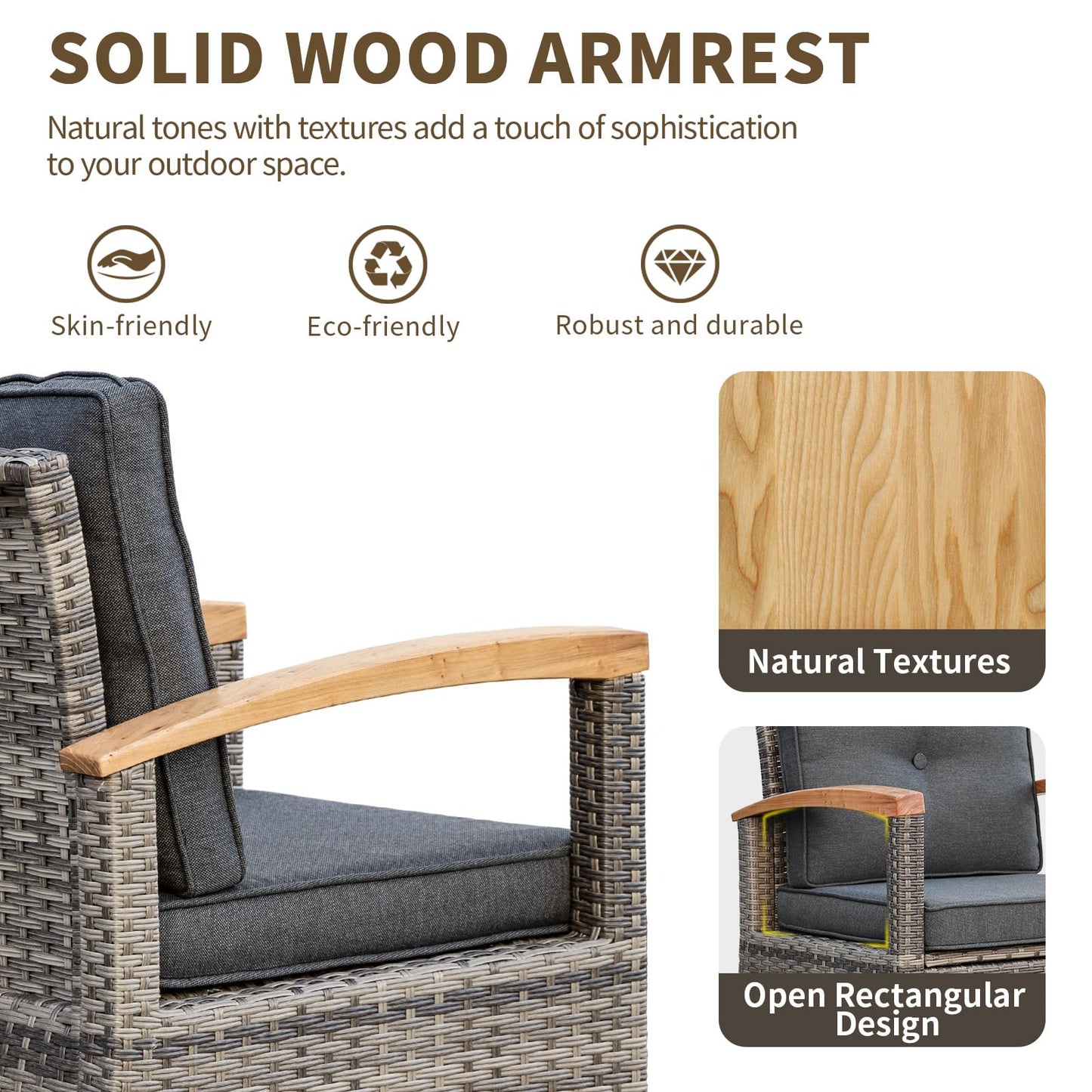 MEISSALIVVE 7 Pieces Patio Furniture Sets,PE Wicker Outdoor Conversation Sets with 2 Wood Armrests Swivel Rocker Chairs, 2 Ottoman, 3-seat Sofa and Coffee Table(Grey)