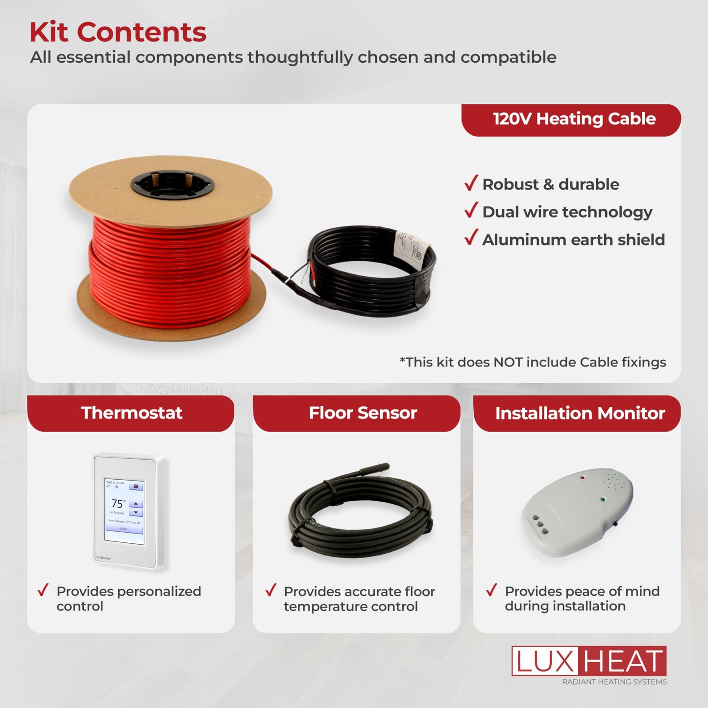 LuxHeat 100sqft Floor Heating Cable Kit - 120v Tile, Vinyl, Laminate Flooring Heating System - Heated Flooring System Includes UDG4 Programmable Thermostat w/GFCI, Heat Cable, Alarm & Floor Sensor